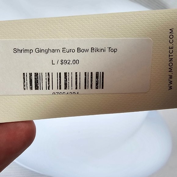 Montce Swim Shrimp Gingham Euro Bow Bikini Top Pink Size LARGE, Fit Medium - NWT - Picture 7 of 8